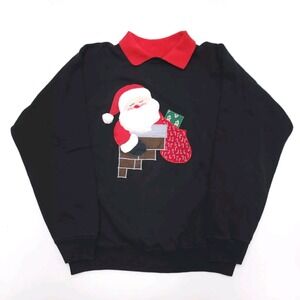 Vintage Christmas Sweatshirt Collared‎ Large Santa Black Red Holiday Hanes 80s